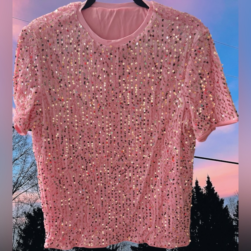 WDIRARA Men’s metallic Pink Rose Gold sequin shirt rave Party wedding new